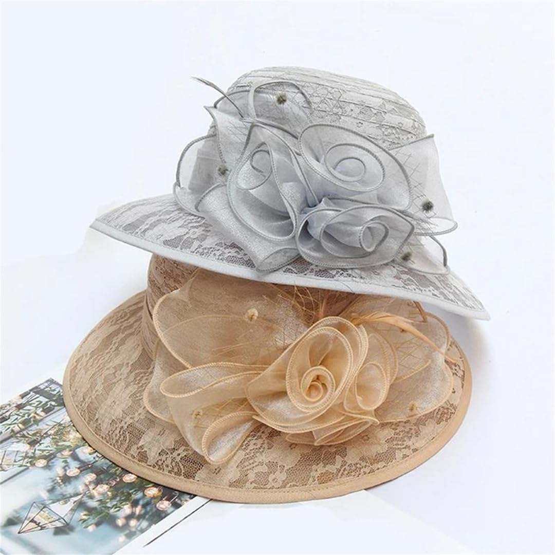 Yeuyyben Elegante cappello da sole in organza con fiore per donne a tesa larga chiesa signora tea party cappello da sole spiaggia cappello