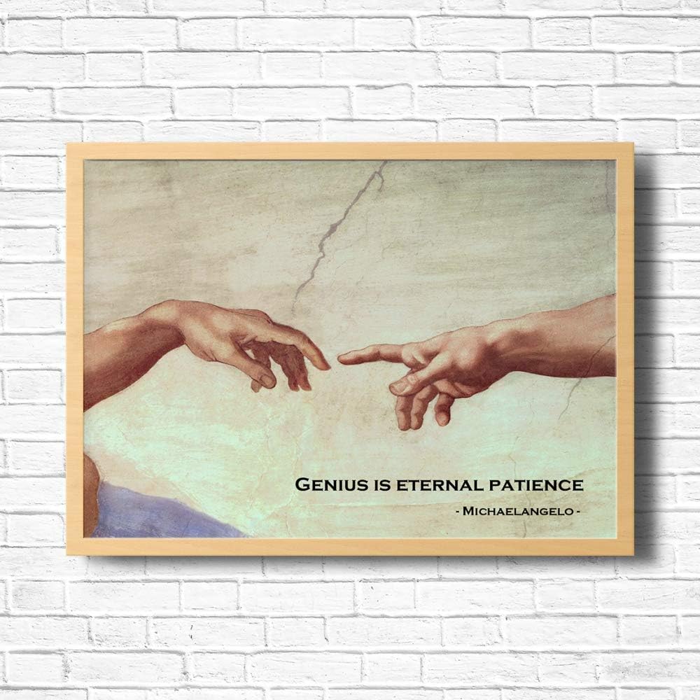 Michelangelo Hands Quote Framed Art Print (The Creation of Adam) - Genius Quote Series - A3/A4 Size Size Black/White/Oak Colour Options (Oak, A4)
