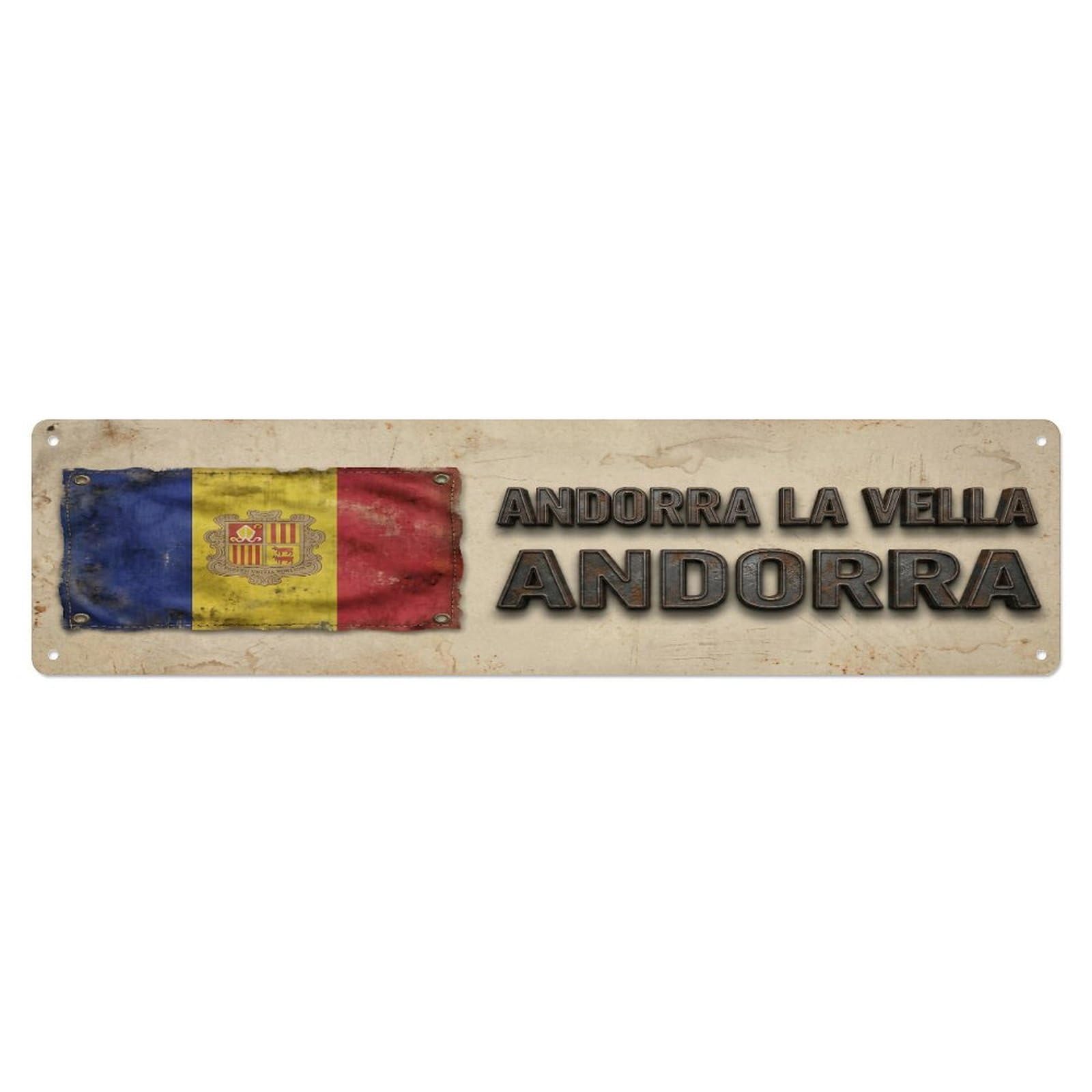 Okahys 4X16inch(10X40cm) Vintage Andorra La Vella Andorra Flag Decor Rustic Travel Metal Tin Sign