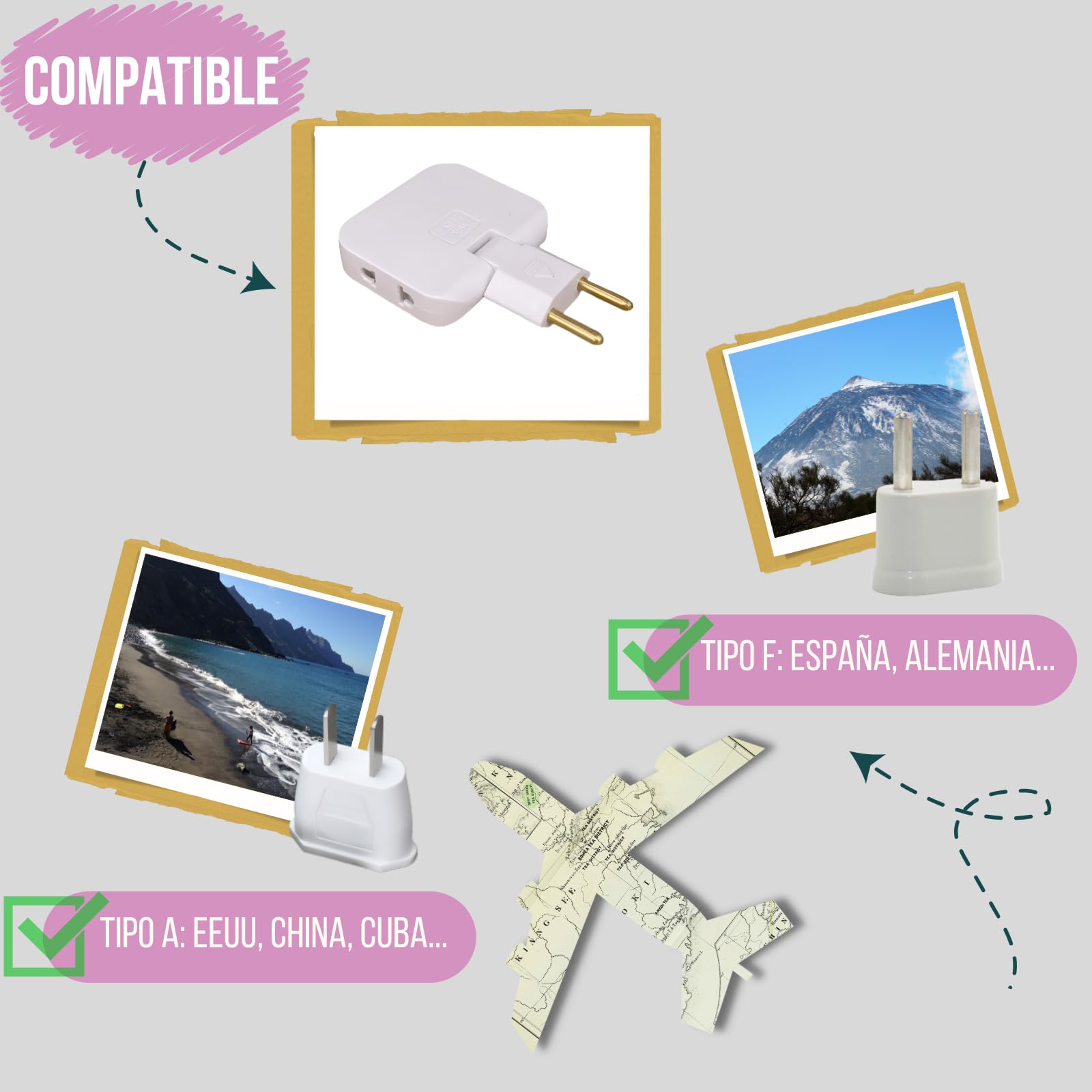 Pack 3 Ladrón Enchufe Plano múltiple de Pared de 3 Tomas con Cabezal Giratorio 180º. Regleta Enchufe Adaptador Europeo y Americano. — view 3