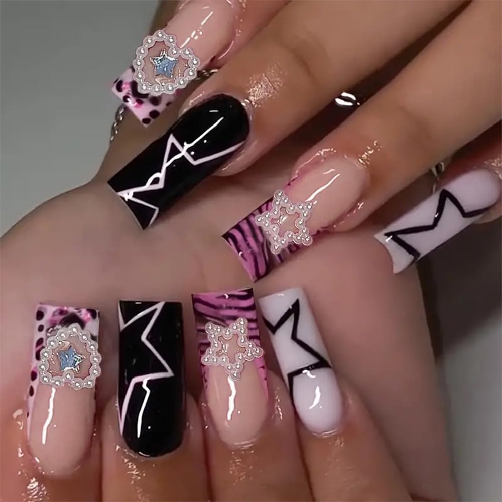 GlamRays 24-Piece Long Ballerina French False Nails, French Star Pattern Nail Stickers with 3D Dots, Heart, Bow Y2K Shiny Art Nails