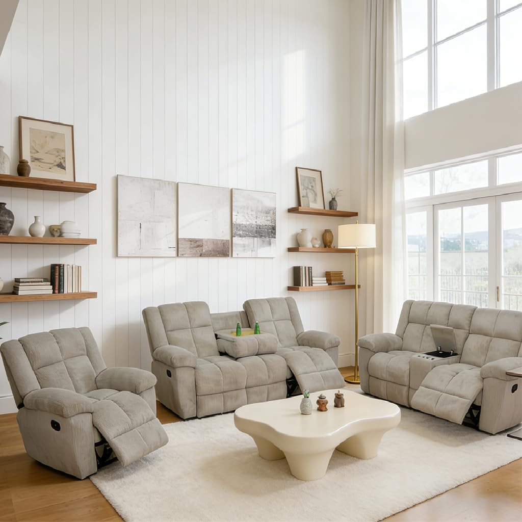 Manual Recliner Sofa Set,Corduroy Reclining Couch Set,Modern Living Room Furniture Set,Reclining Sofa Couch Chair for Living Room Home Office(Beige,3