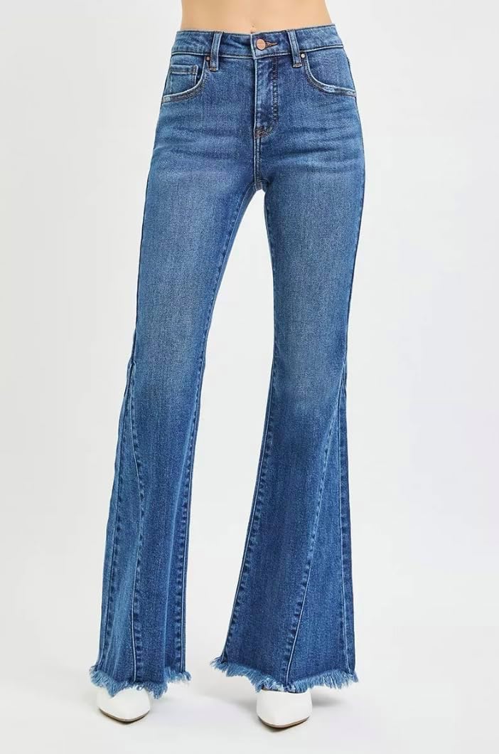 Risen Mid Rise Side Seam Detailed 33" Inseam Flare Jeans- Ivory Gem