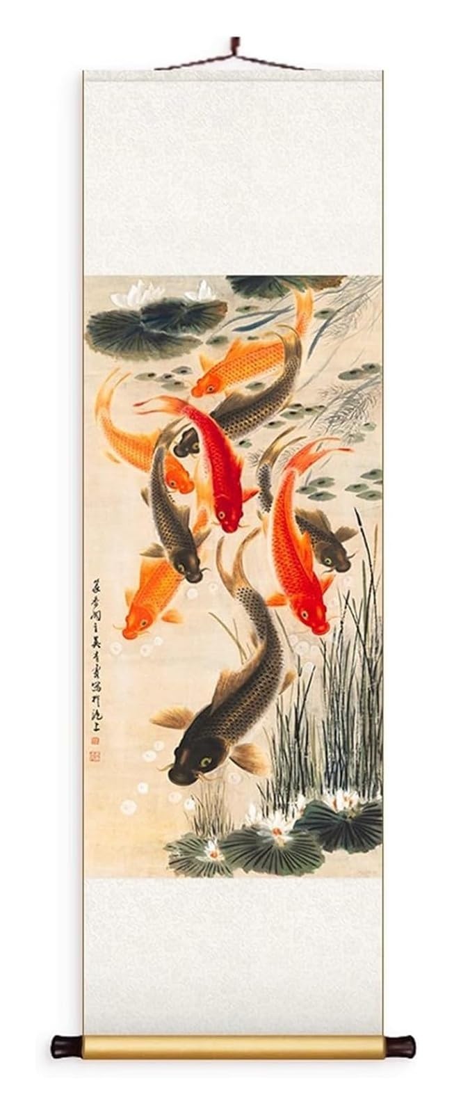 Chiński obraz z dziewięcioma rybami, ręcznie robiona sztuka wisząca na jedwabiu, orientalny mural Feng Shui, pomysł na kreatywny prezent(Creamy White B,50L x 158W cm)