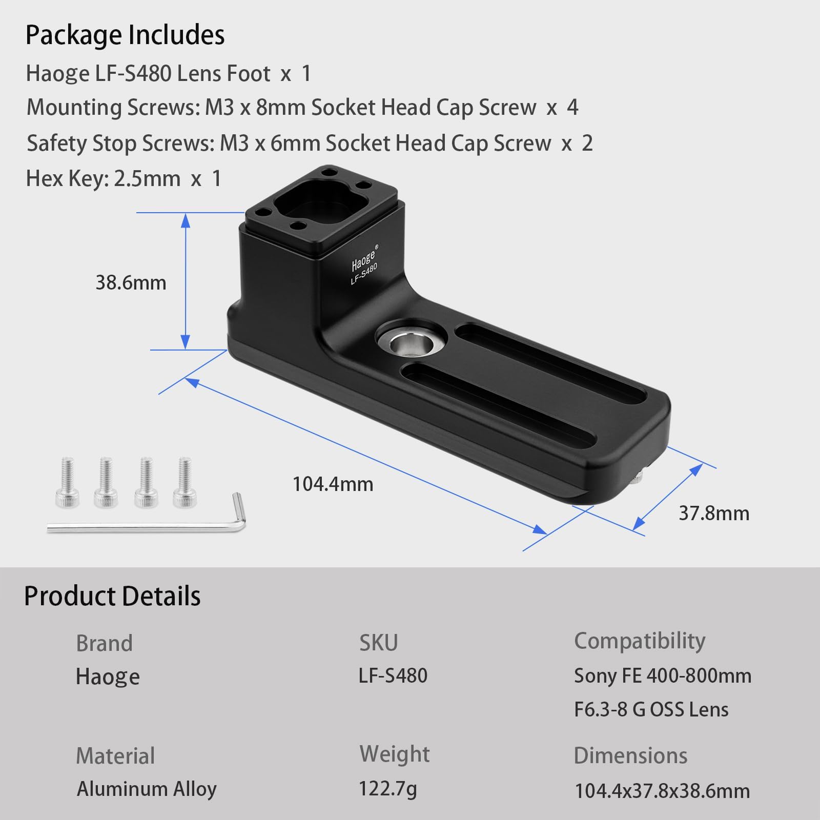 Haoge LF-S480 Pied de rechange pour monture d'objectif Sony FE 400-800 mm f/6.3-8 G OSS Objectif 400 800 Plaque de support à dégagement rapide intégrée Type Arca
