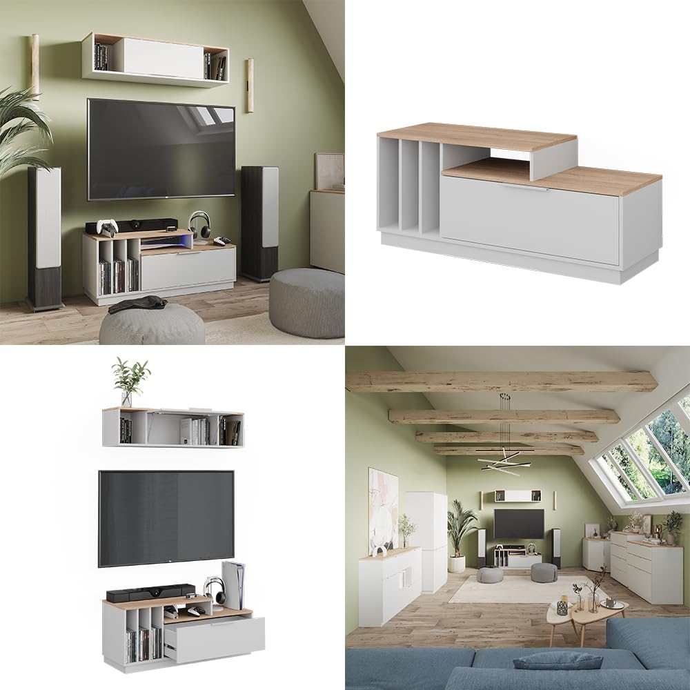 Vicco Mobile TV Betti, Bianco/Sonoma, 120 x 49.9 cm | con 1 porta, adatto per TV fino a 55 pollici e accessori multimediali