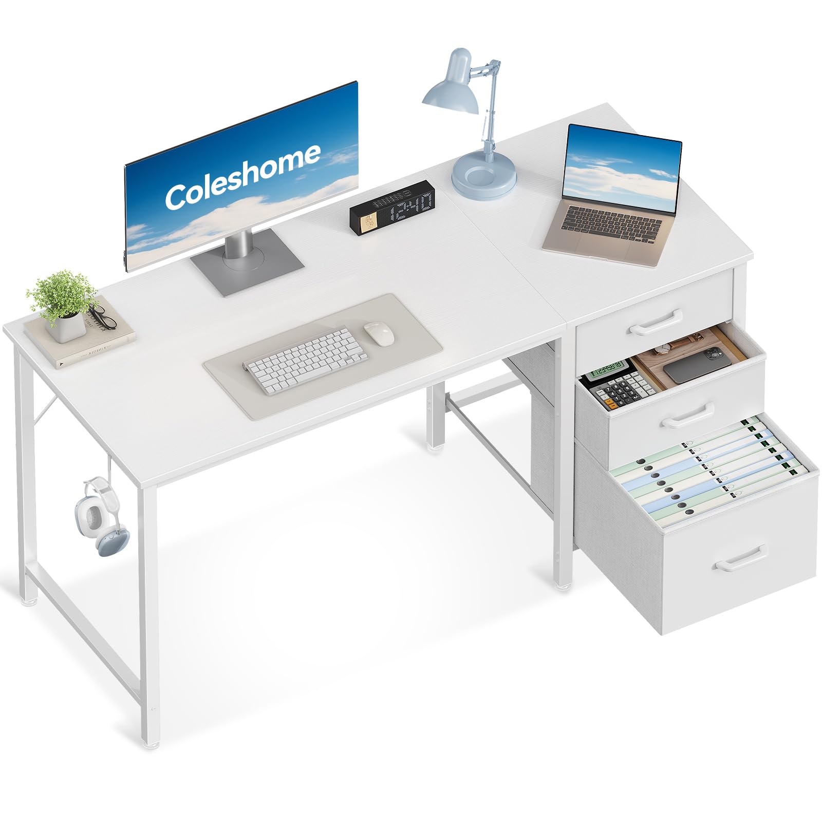 Coleshome Bureau avec 3 Tiroirs en Tissu, 120x48cm Bureaux Informatique avec Porte-Casque, Blanc Bureau D'ordinateur Réversible pour Petit Bureaux à Domicile