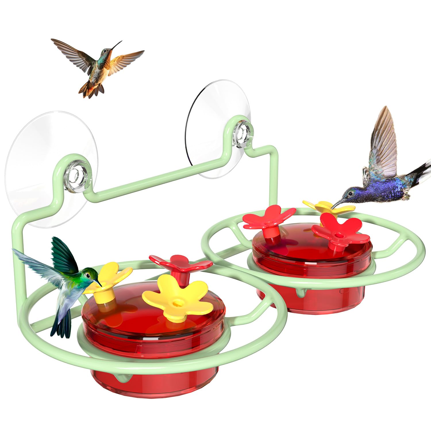 Window Hummingbird Feeder, Small Hummingbird Feeder for Outdoors with Strong Suction Cup - Metal Base & 6 Feeding Ports, Easy to Clean and Refill