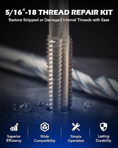 Miniatura 2 de Orion Motor Tech Kit de reparación de roscas helicoidales, juego de herramientas de reparación de roscas de 516"-18 con broca HSS e insertos de 30