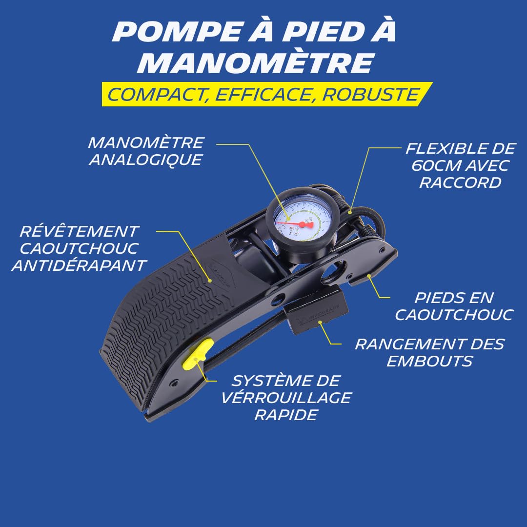 MICHELIN 009501 Pompe à Pied avec Manomètre Analogique – 7 Bars, Flexible 80 cm – Gonfleur Haute Pression pour Vélo, Moto, Auto, Camping-Car, Utilitaires, SUV, 4x4 – Robuste, Précise