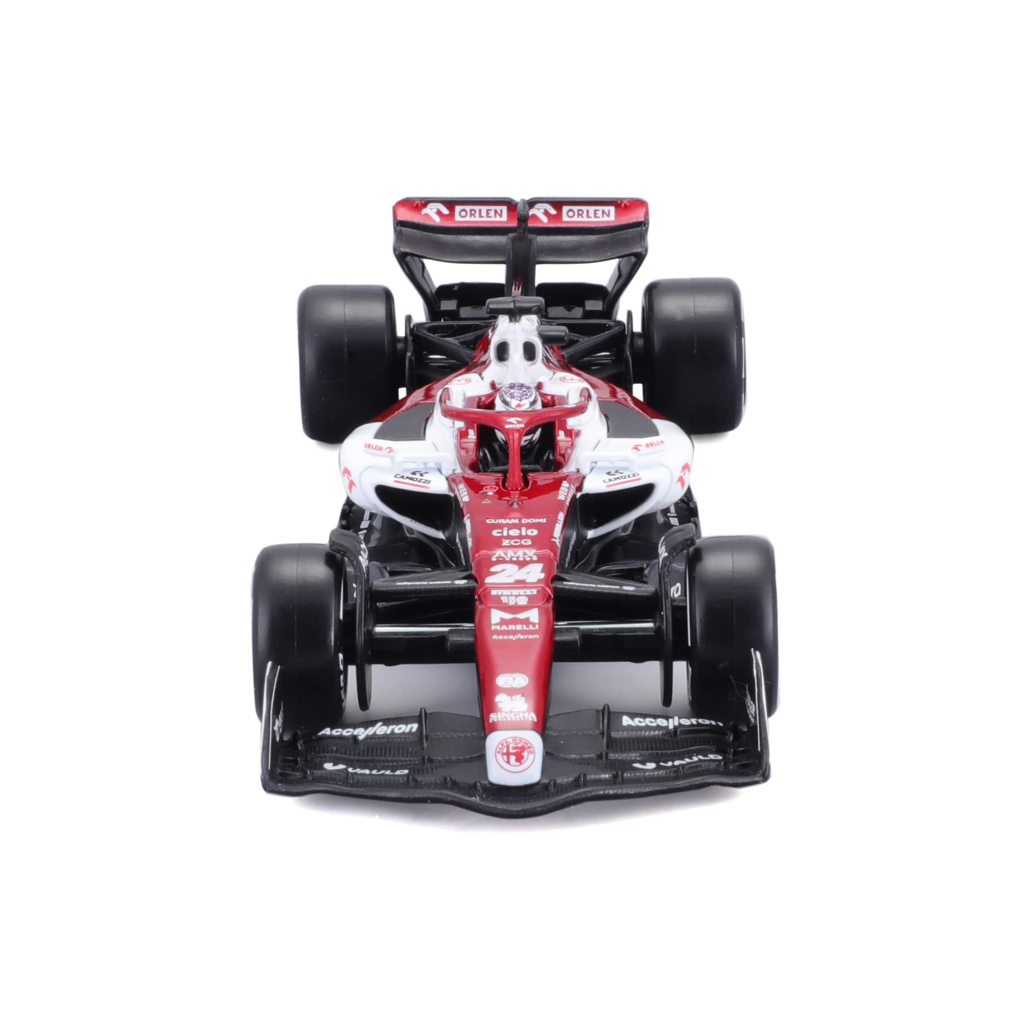 Bburago Alfa Romeo F1 Team Orlen C42 (2022): Modellauto im Maßstab 1:43, #24 Guanyu Zhou, mit Fahrer, Hardcase, rot-weiß (18-38068Z)