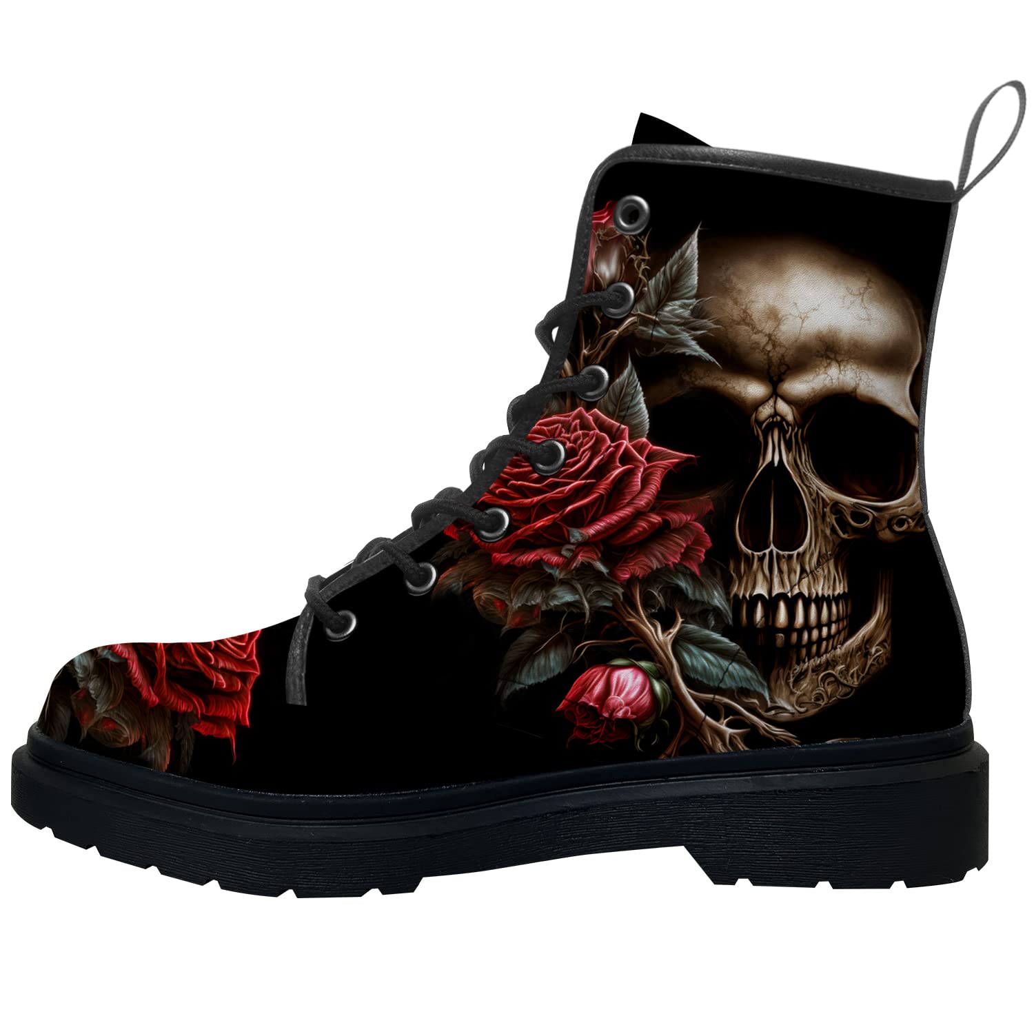 Klomax Flower Skull Boots for Women Men Skull Combat Boots Lace-up Ankle Booties