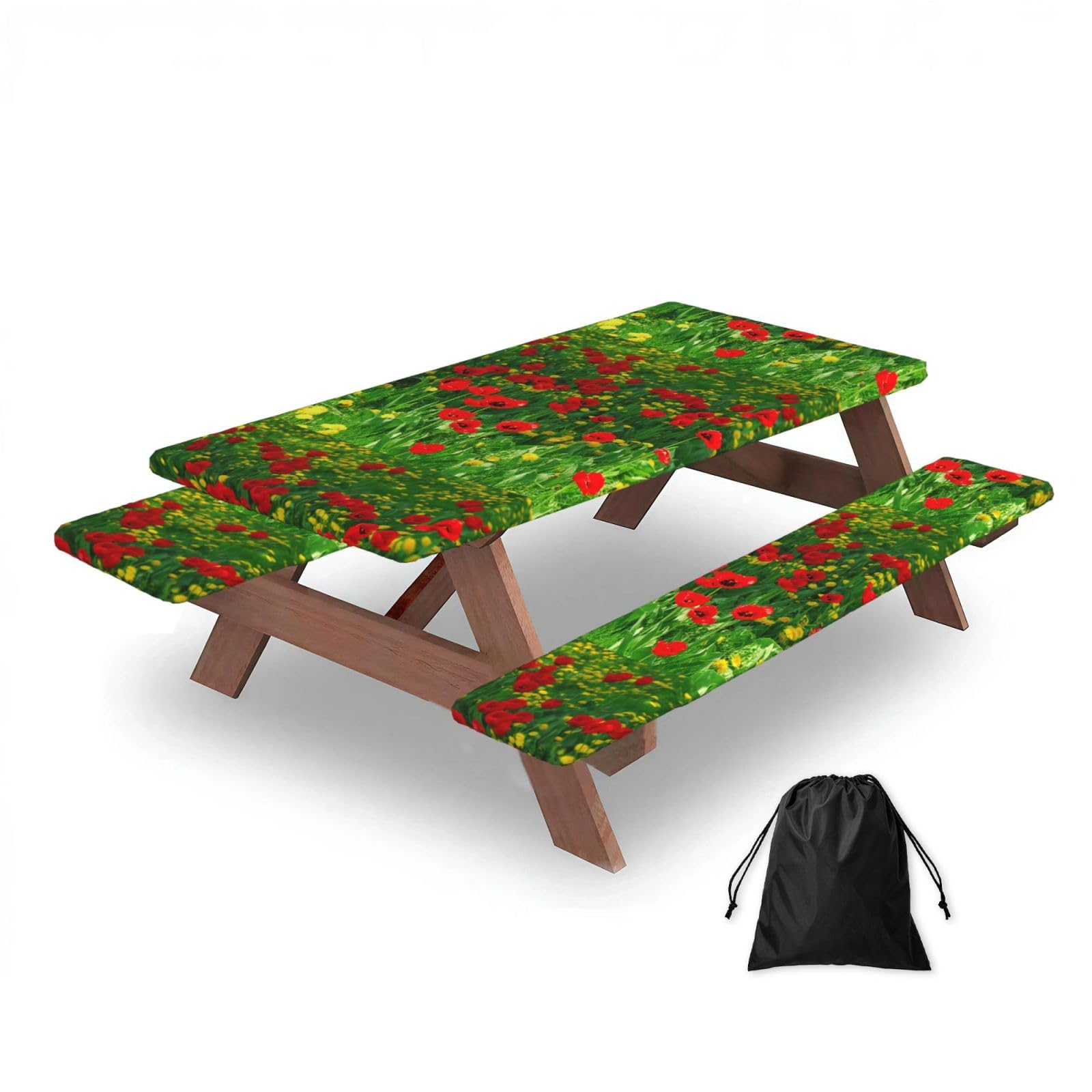 Dopklna As Picture Red Poppy Field Farm Meadow Landscape Print, Picnic Table Cover With Bench Covers -Waterproof Elastic Fitted Tablecloth For Garden Camping Patio 76X152cm