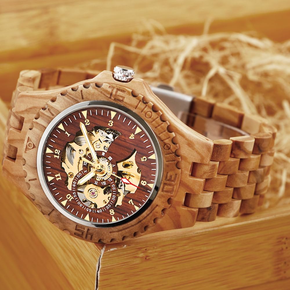 Tiong Orologi meccanici in legno da uomo scheletro numeri romani carica automatica Orologio in legno leggero per uomini Orologio da polso, Fbm-mw1090-marrone rosso, Gotico