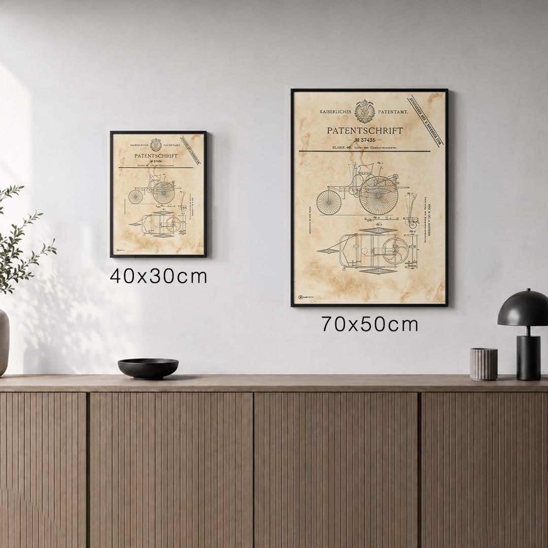 Cartistry Patent Poster Carl Benz (70x50cm, Holzrahmen Schwarz) | Patent Zeichnung, Poster Vintage, Geschenk für Männer und Autoliebhaber