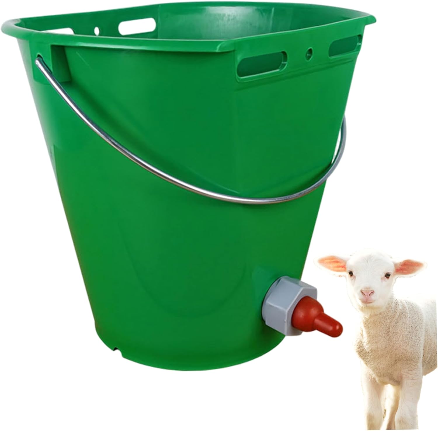 Goat Feeder Feed Bucket, 8L Large Capacity Livestock Milk Goat Feeder with Nipple, Green Sheep & Baby Bottle Bucket for Calves, Lambs, and Kids, 3 Mouth