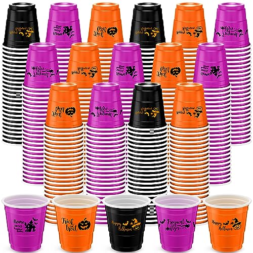 Lounsweer 100 Pcs Halloween Plastic Cups 2 oz Disposable Cups Mini 2 oz Party Glasses for Bachelorette Birthday Tasting Serving Samples Cups for Drinking Party Black Orange Purple (Ghost Style)