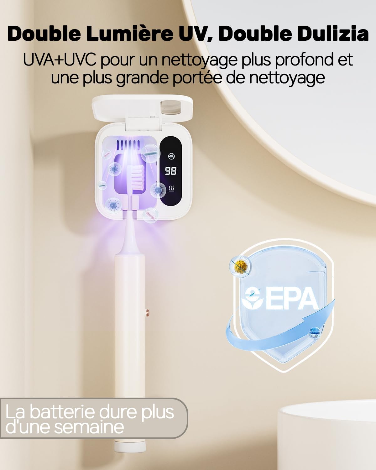 Stérilisateur de Brosses à Dents Double UV-C et UV-A, Support de Brosse à Dents Mural avec Fonction de Sèchage par Air, Idéal pour Salle de Bain, Usage Personnel et Voyage (Blanc1)