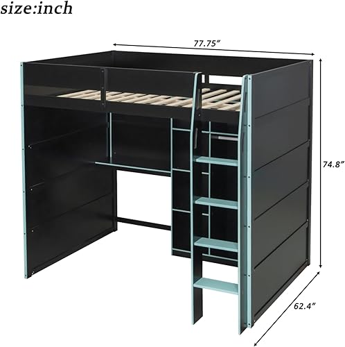 Miniatura 2 de Cama loft de madera para juegos de tamaño matrimonial con escritorio para computadora y luces RGB, cama para juegos, armario abierto integrado y
