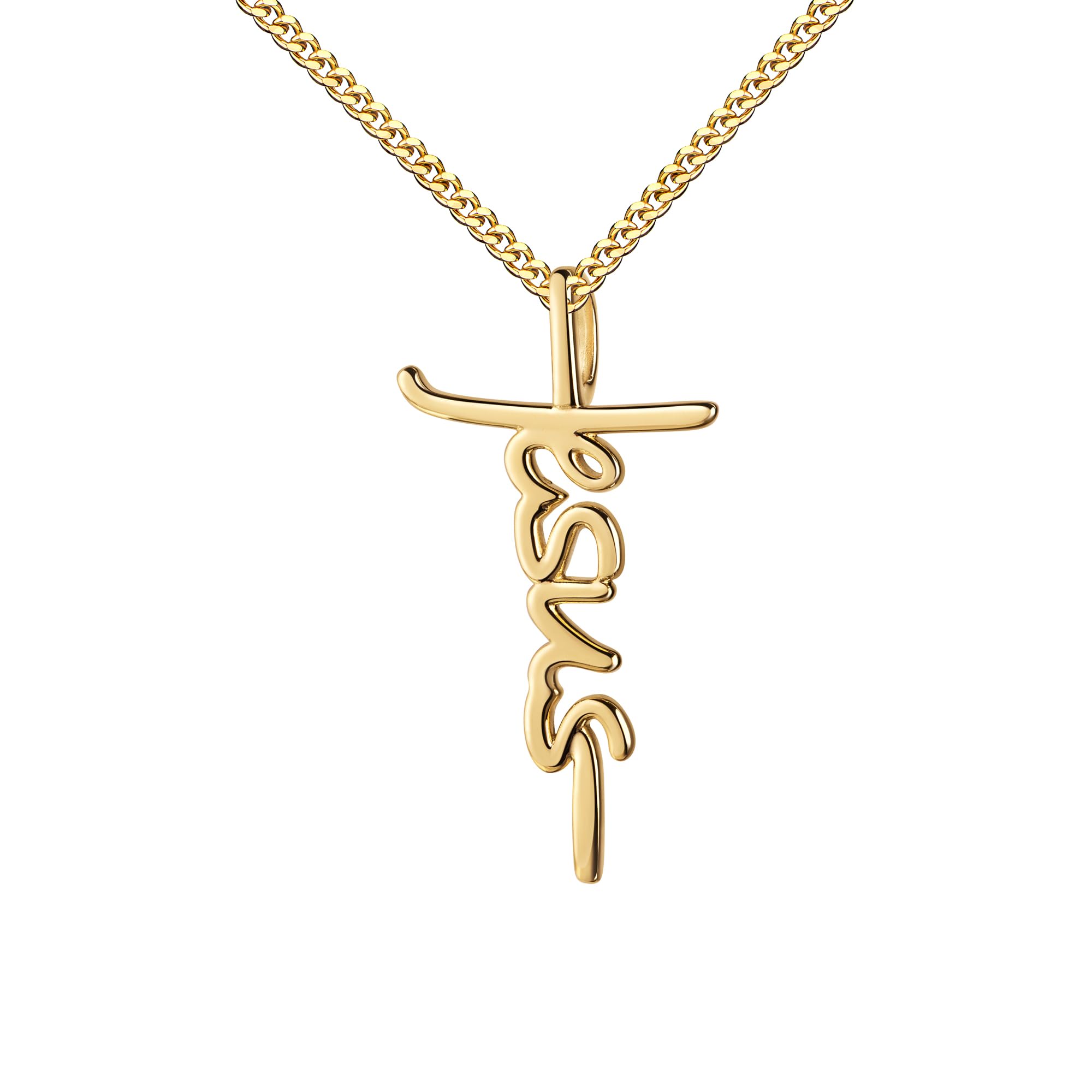 Goldenes Kreuz Anhänger 333 Gold in Schrift aus Gold - JESUS - Goldkreuz mit Halskette oder ohne Kette wählbar + Schmuck-Etui + Echtheitszertifikat