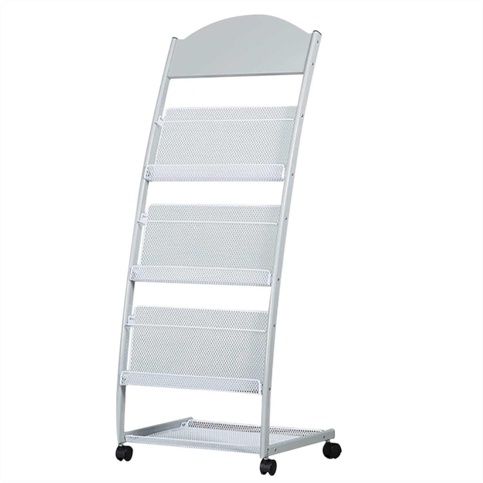 Jkjzsalj White Floor-Standing Magazine Rack,Magazine Stand,Reception Areas Bank Hall Lobby Schools Iron Posters Storage Stand With Wheels Easy To Move,