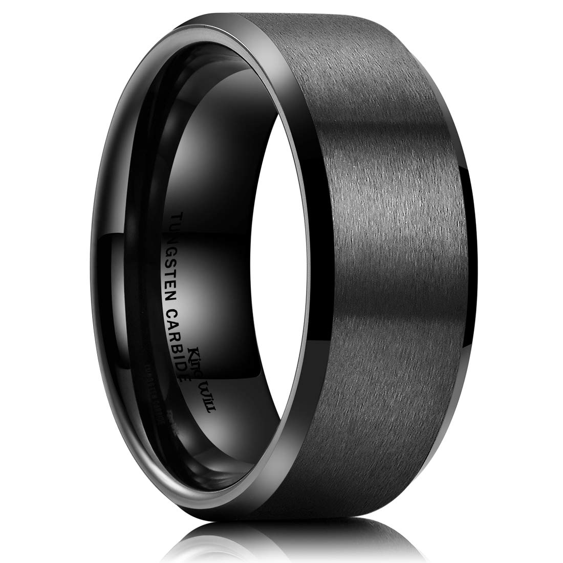 King Will Tungsten Men's Wedding Ring - Available in 6mm to 10mm, Black/Silver, Matte Finish, Beveled Polished Edge, Comfort Fit