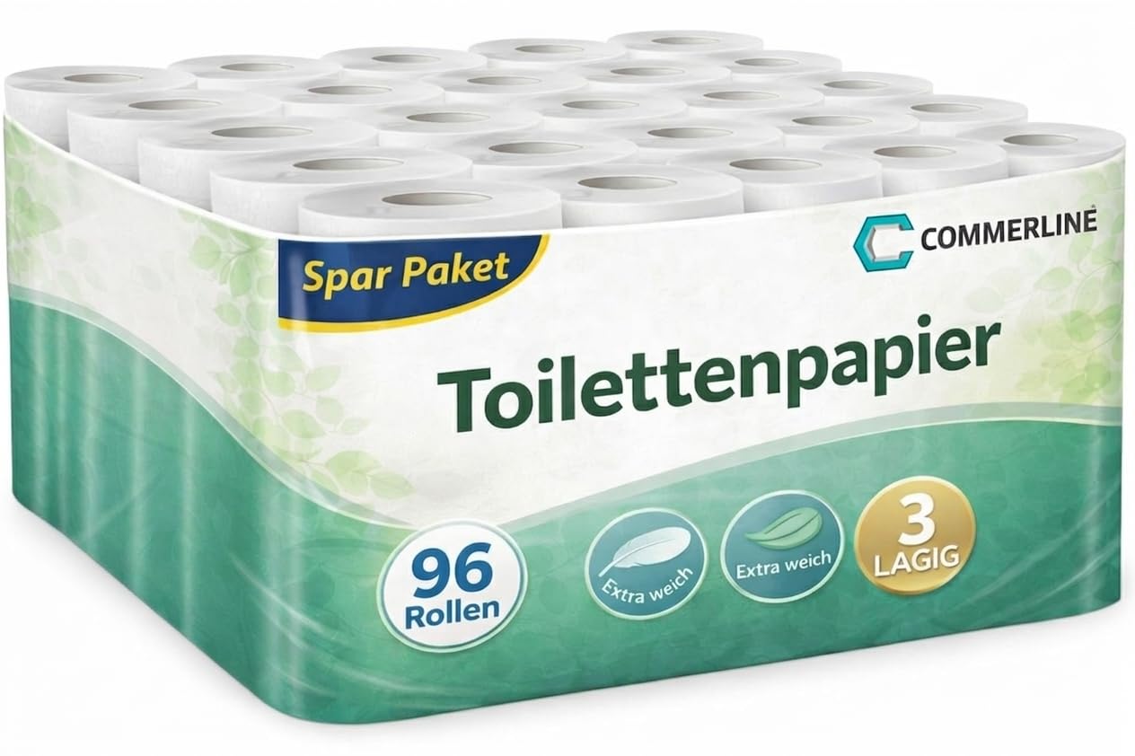 Commerline Lot de 96 rouleaux de papier toilette 3 épaisseurs | Papier toilette WC | 3 couches 150 feuilles par rouleau | Cellulose extra douce de qualité supérieure (96 rouleaux)