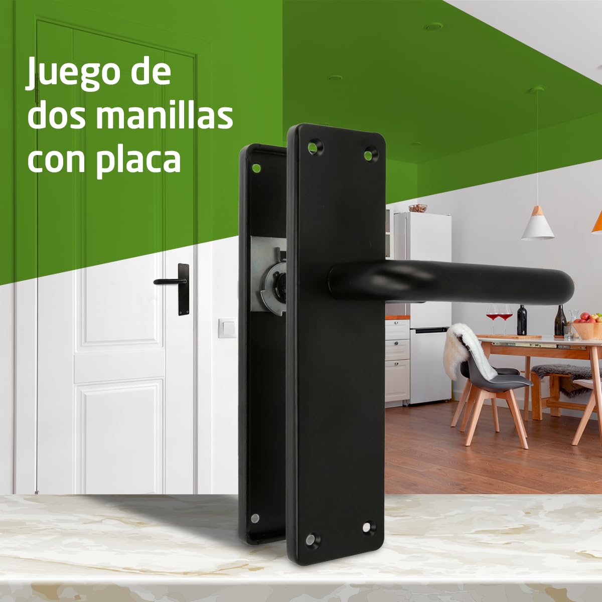 Amig - Juego de dos Manillas con placa - Maneta para puerta de interior o exterior - Sin bocallave - Aluminio - Color Negro - 139 x Ø19 mm - Medidas: 222x55x10mm