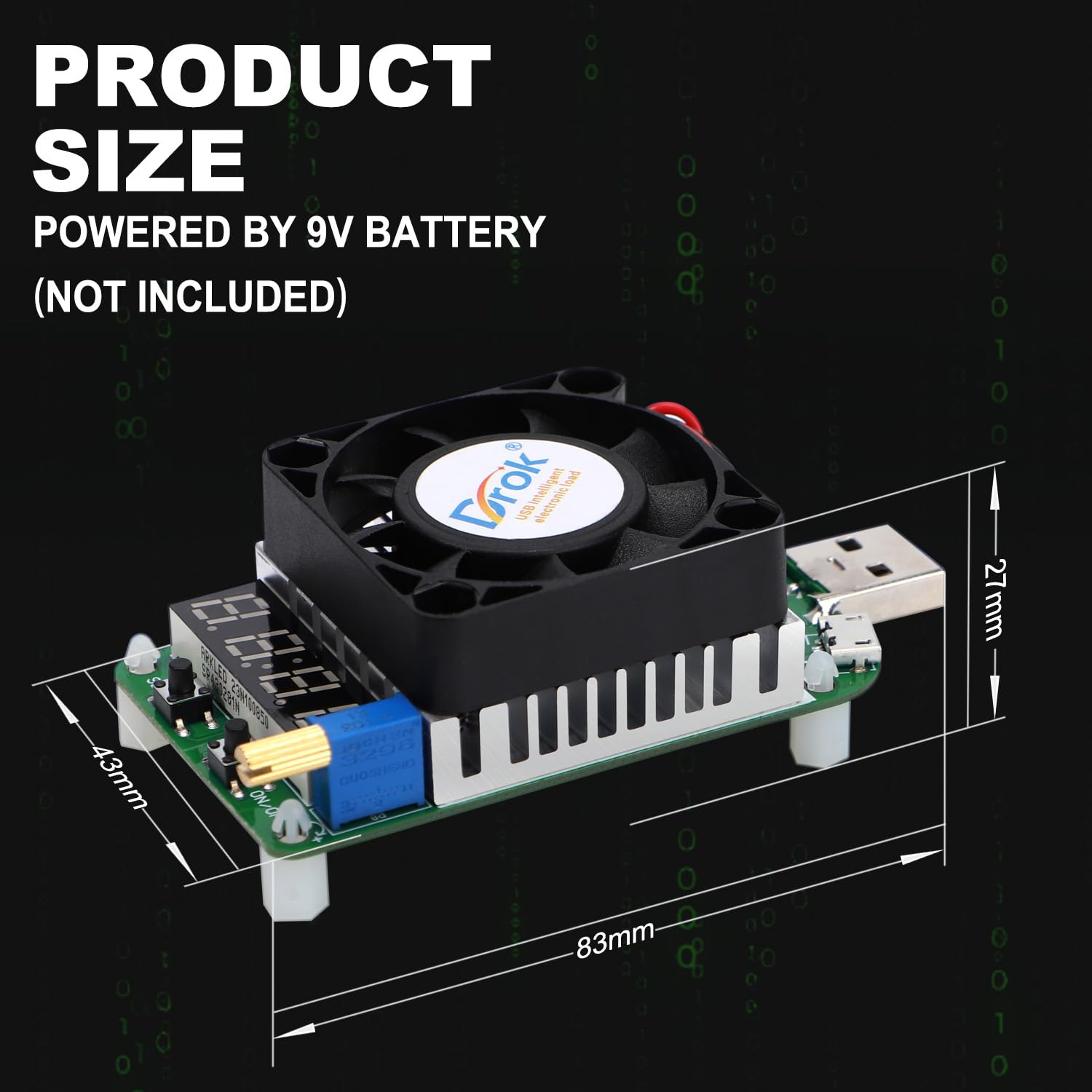 Côté view of the DROK LD25 USB Load Tester showing its dimensions: 83mm length, 43mm width, and 27mm height.