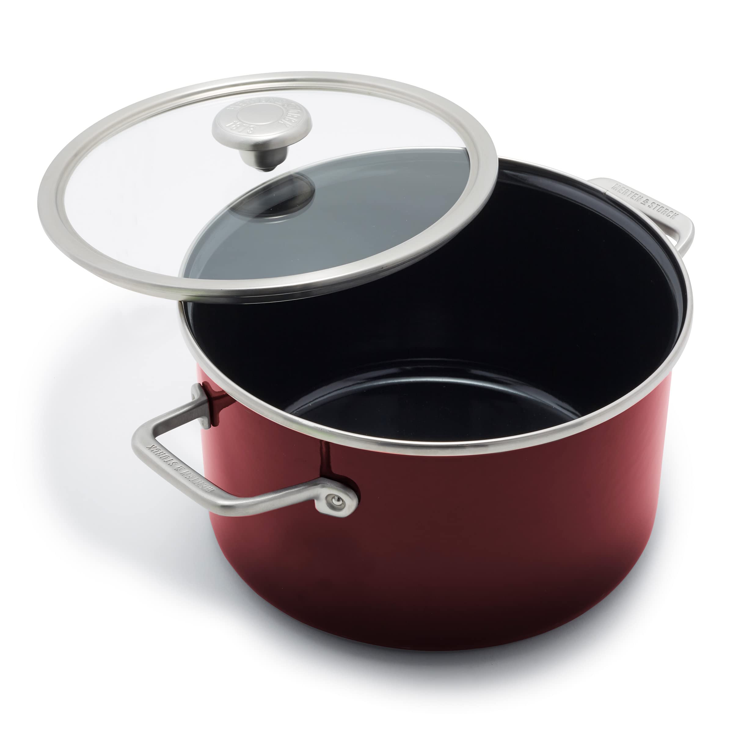 Photo 1 of Merten & Storck European Crafted Steel Core Enameled Cookware, 6.3QT Stock Pot with Lid, Induction, PFAS & PTFE Free, Dishwasher Safe, Oven & Broiler Safe, Merlot Red 6.3QT Stock Pot with Lid Merlot Red