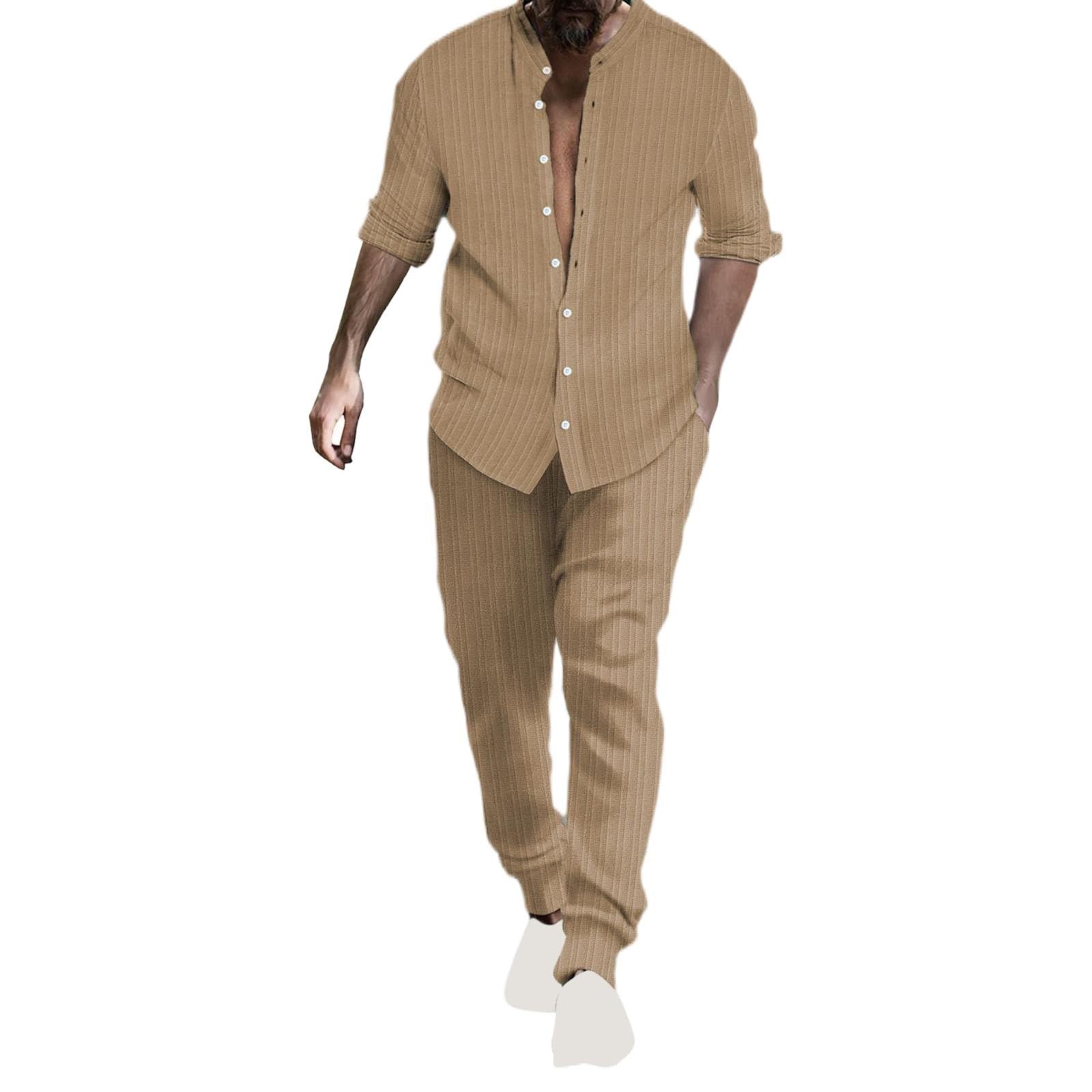 Mend Suits Ensemble de smoking rayé à col Hengli pour homme avec chemise et pantalon tendance en coton et lin Cobalt