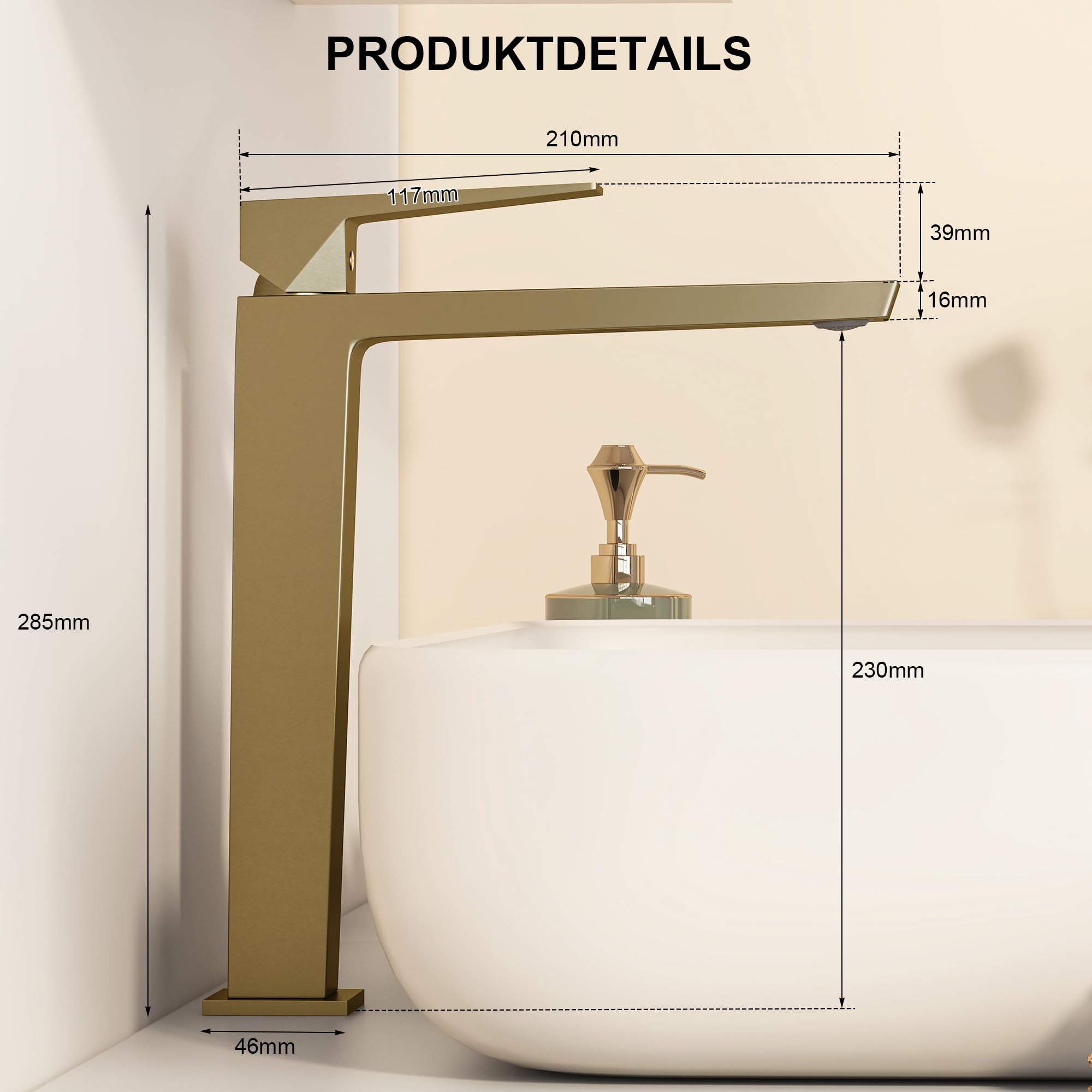 Wasserhahn Bad Einhandmischer, Anti-Spritz Waschtischarmatur Armatur, Badezimmer Sanfte Wasserstrahl Waschbecken Waschtischarmatur, Gold, Auslauf Höhe 230 MM
