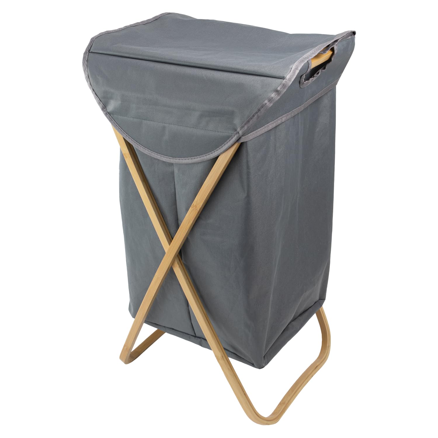 JVL Bambanio Foldable Laundry Hamper - 100L Grey Bamboo - Fabric Bag with Lid