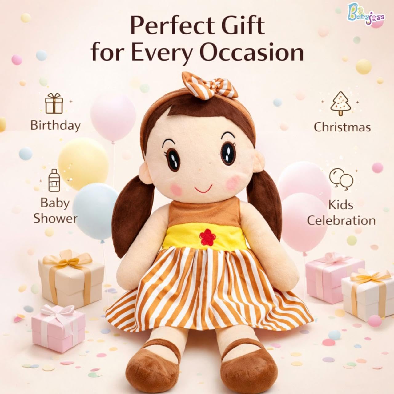 Babyjoys Extra Large Cute Soft Baby Doll 80 CM for Kids | Plush Stuffed Toy for Girls & Boys | Super Soft Cuddly Hug Doll | Washable Plush Toy Doll (Brown) 2