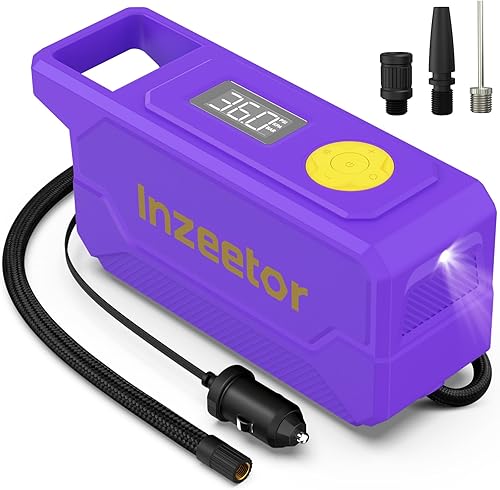 Inzeetor 150 PSI Tire Inflator Portable Air Compressor, 12V DC Auto Shutoff Air Pump with Digital Pressure Gauge and Emergency LED Light for Car Tires, Bicycle & Balloons, Purple