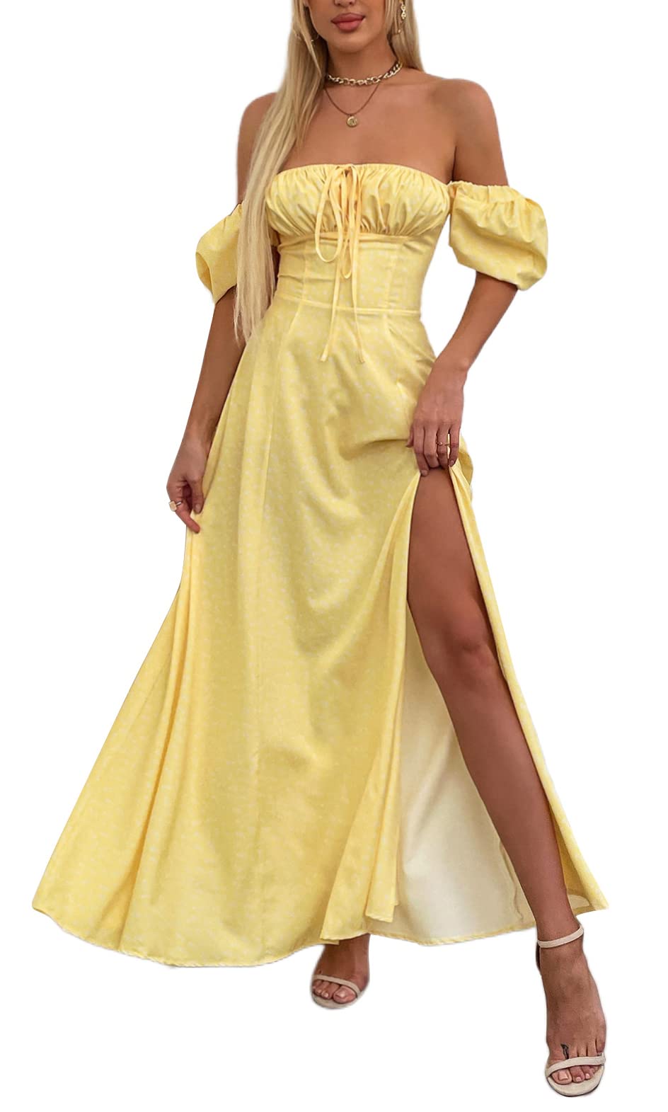 KUTUMAI Women Summer Puff Sleeve Off Shoulder Floral Flowy Long Maxi Dress