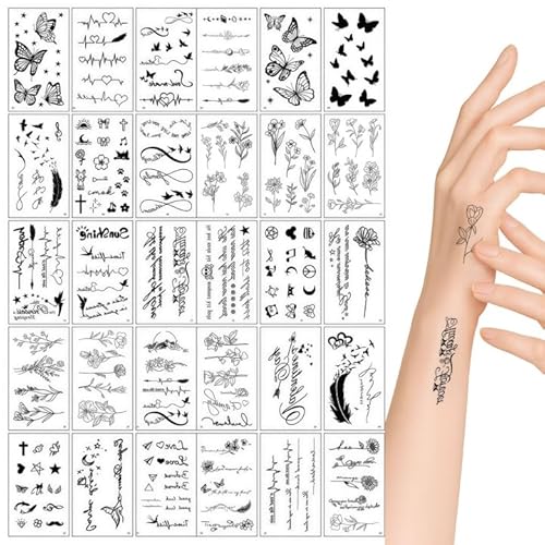 Dreamil Temporäre Tattoos – 30 Stück 3D Realistische Sexy Tattoos, Wasserdicht Tiny Fake Tattoo Aufkleber, Langhaltend & Hautfreundlich(Schwarz）