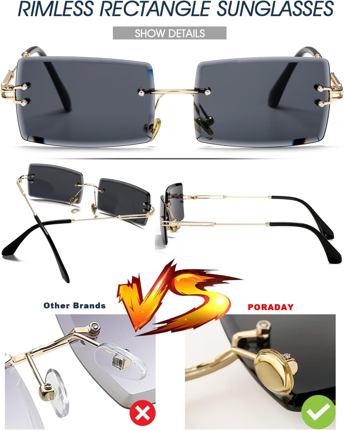 PORADAY Rectangle Sunglasses for Women Men Vintage Rimless Square Sun Glasses Candy Color - Image 7