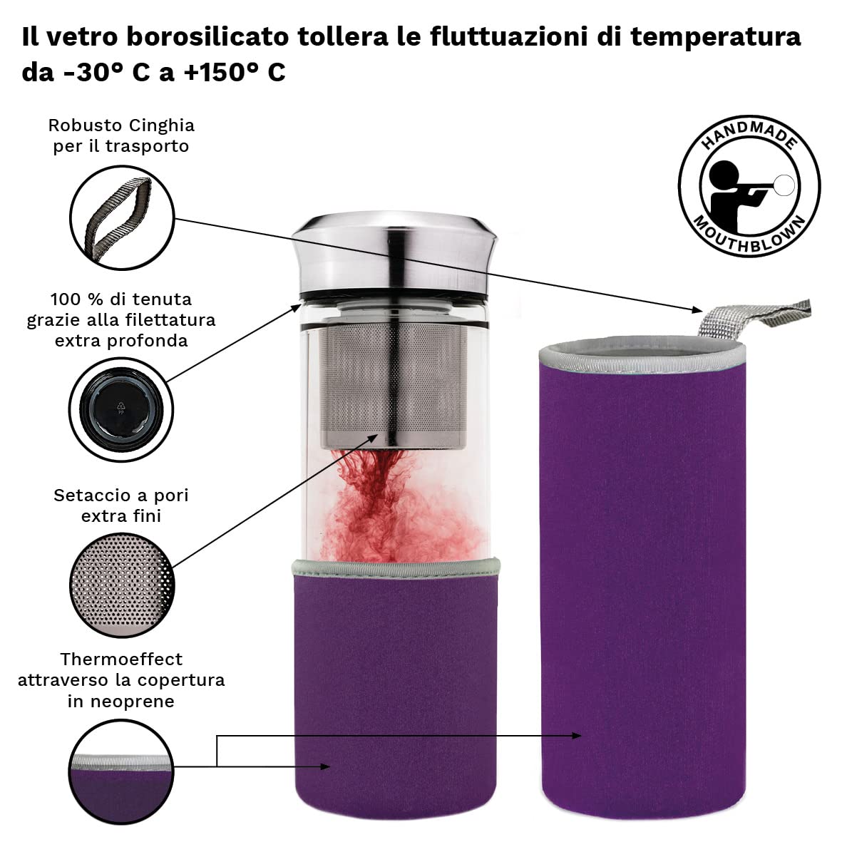 Bottiglia Tè In Vetro Teamaker 400ml | Con Colino E Borsa Neoprene | Viola - Foto 11