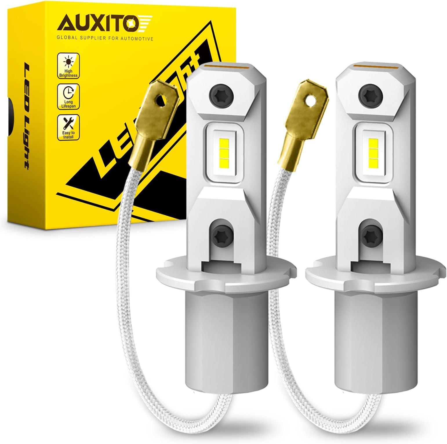 AUXITO H3 LED Fog Light Bulbs 6500K White, 300% Brighter CSP Chips, 1:1 Mini Size, Plug n Play, H3ll LED Bulb Light for Fog Lamp, DRL, High/Low Beam, Pack of 2
