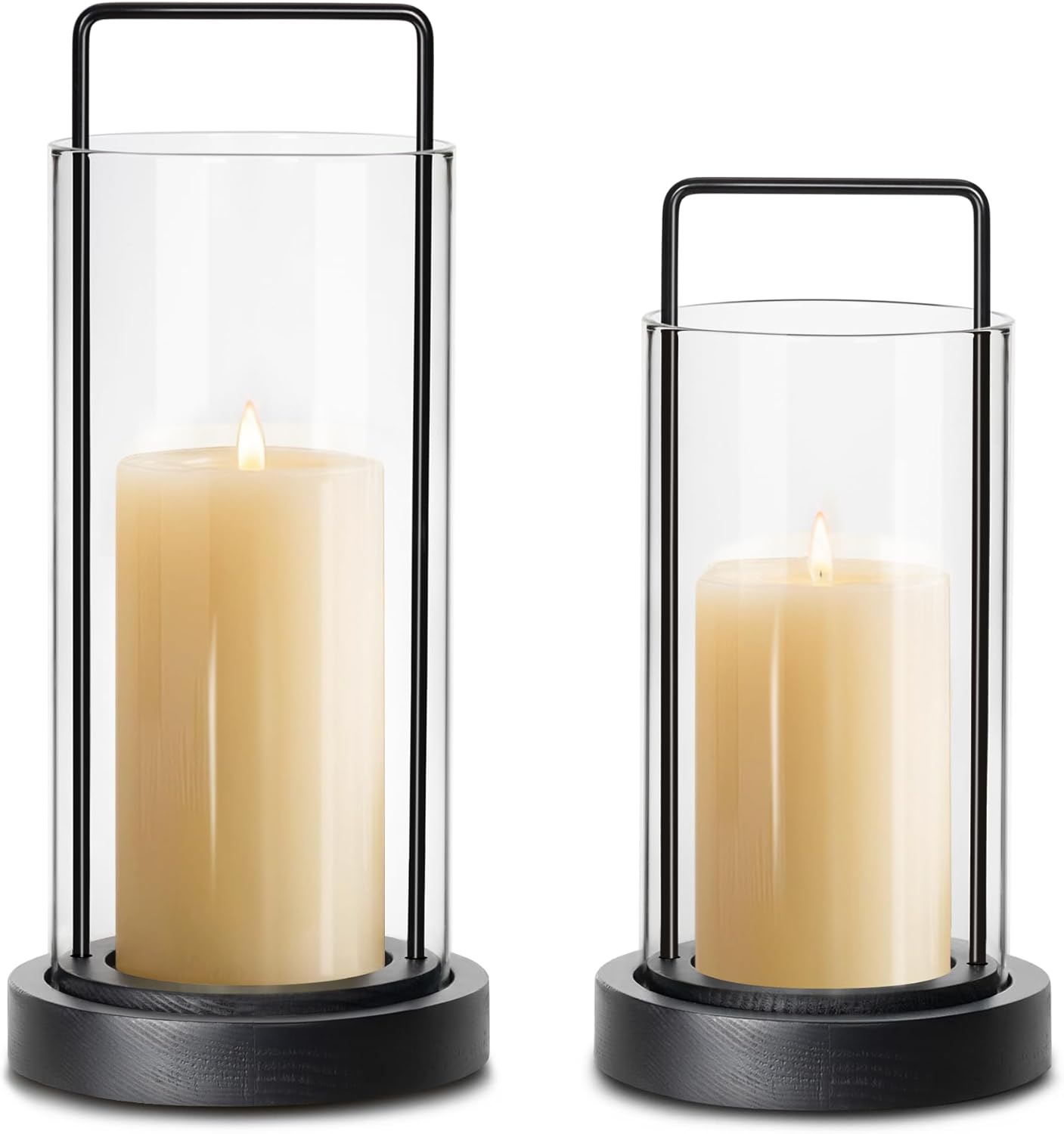Modern Black Metal & Wood Hurricane Candle Holder Set of 2 Boho Farmhouse Glass …