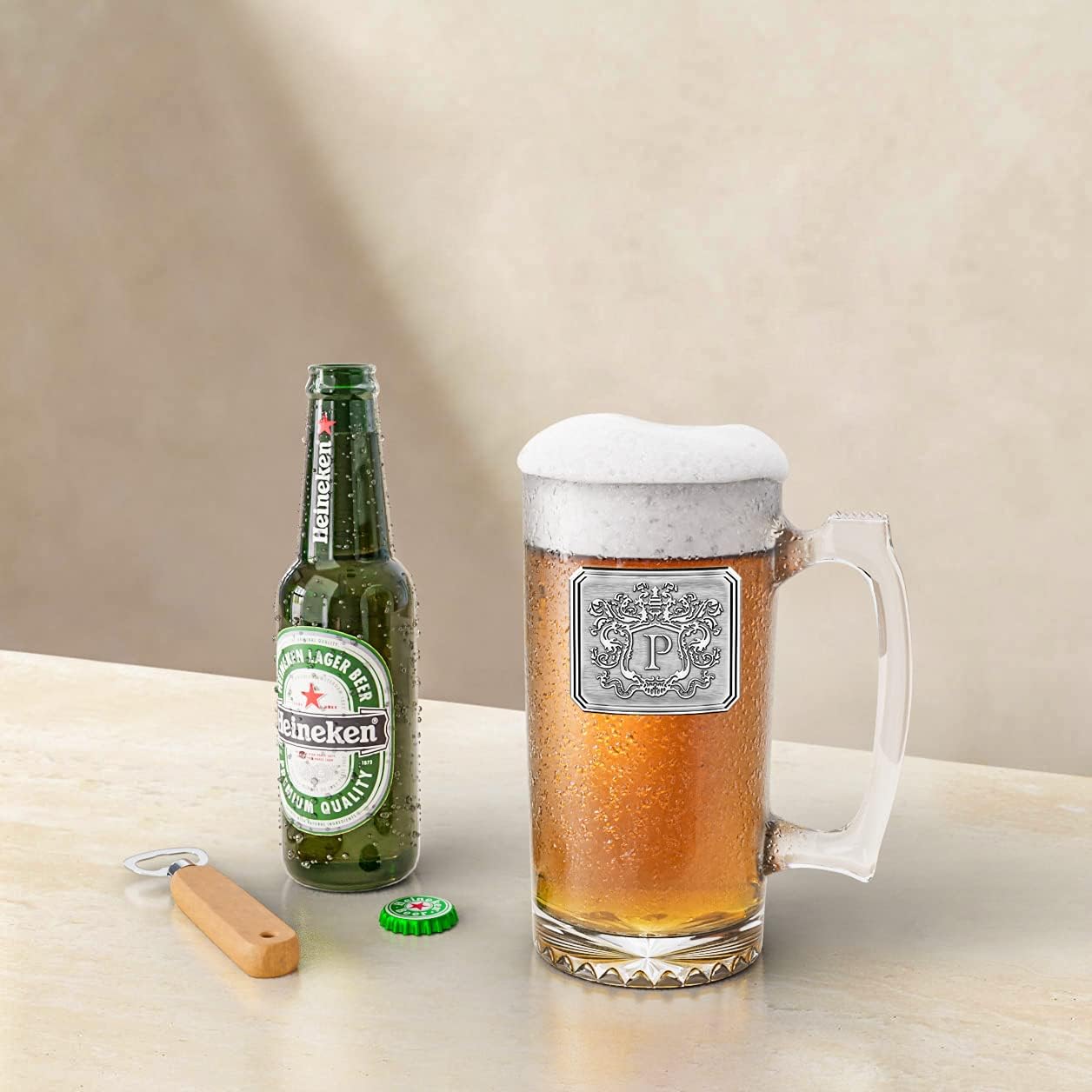 Fine Occasion Customized Beer Mug & Stein with Handle- Personalized Large Beer Glass Freezer Safe with Hand Crafted Pewter Monogram Initial Letter P(25 oz)