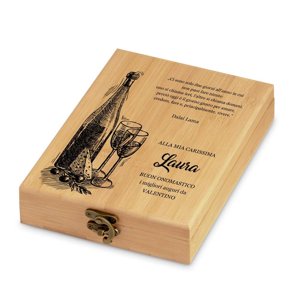 Maverton Set di Accessori da Vino - Kit Cavatappi da Vino Degustazione Perfetta Personalizzato - Scatola in Legno di bambù + 4 Pezzi di Accessori Vino - Regalo Donna - Giorni