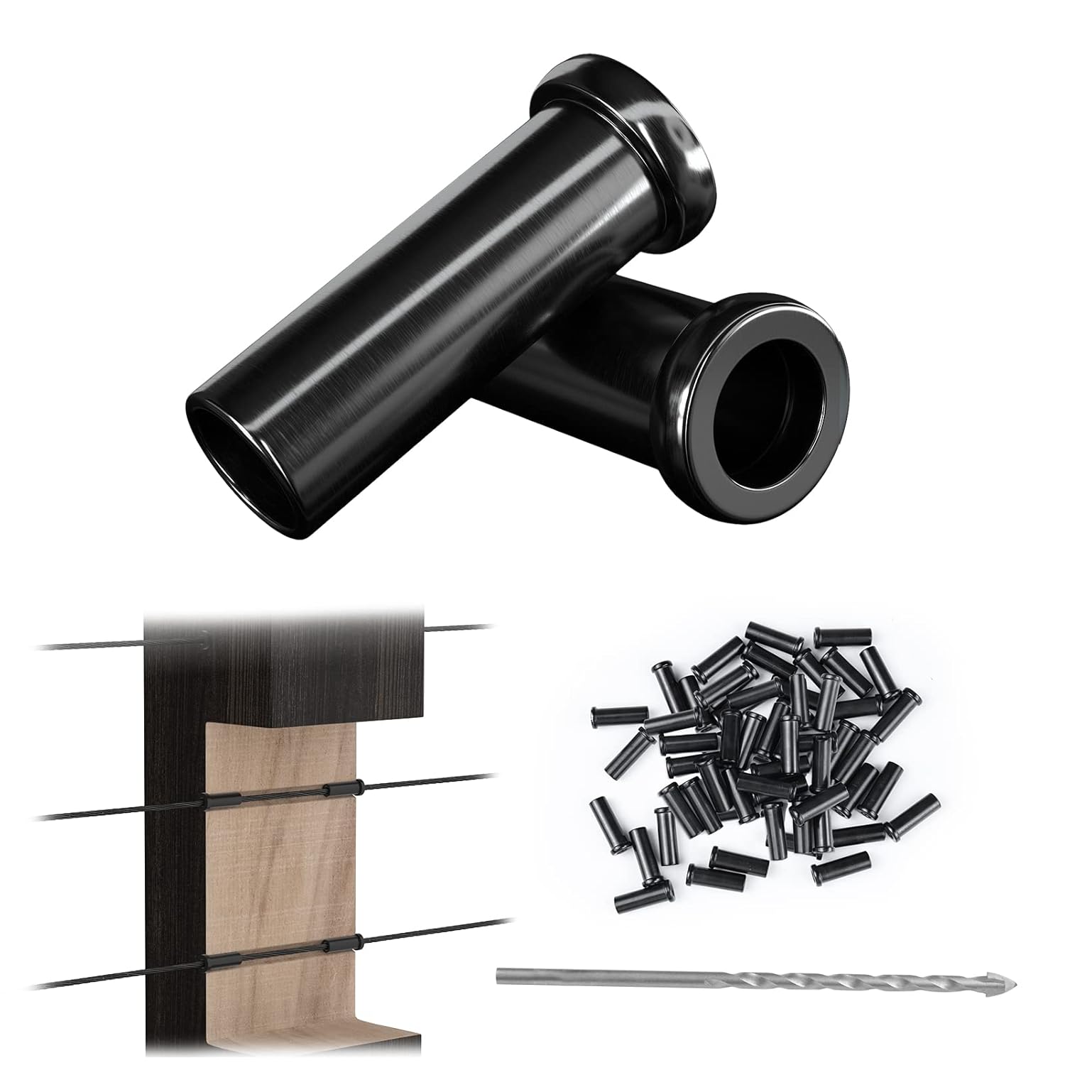 Muzata 120 Pack 1/8" Black Cable Railing Protector Sleeves T316 Stainless Steel Protective Sleeves Deck Cable Railing Hardware Kit for Wood Posts CR13