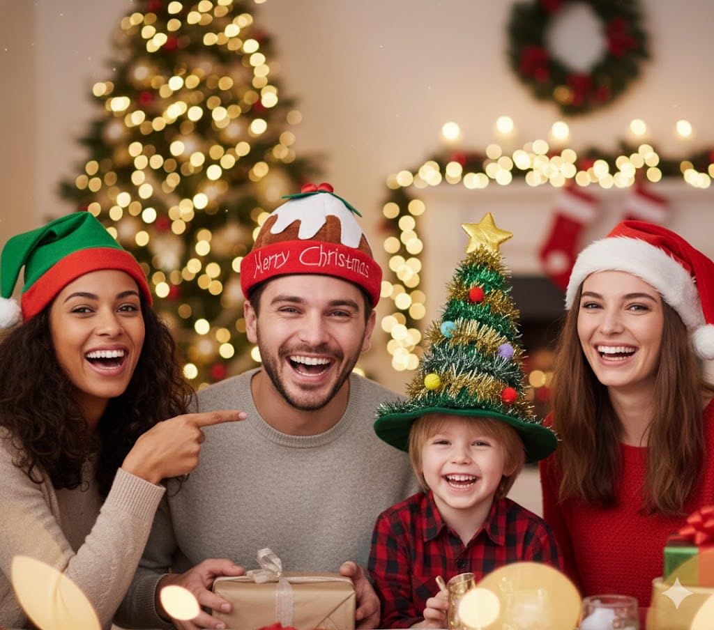 ZANGOC 3 Pack Exclusive Christmas Hats, Elf Hats with Bell Rings, Christmas Tree Hat with Tinsel and Gold Star Topper 43cm - Image 3