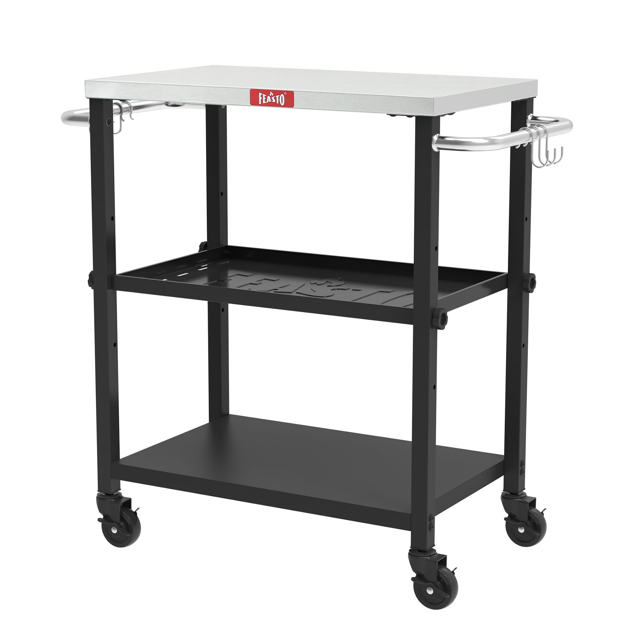 Feasto 3-Tier Grill Dining Cart with Stainless Steel Tabletop, BBQ Movable Food Prep Table with Adjustable Middle Shelf & 4 Swivel Wheels, Serving Cart for Indoor and Outdoor Use, 87.5x41x84 cm