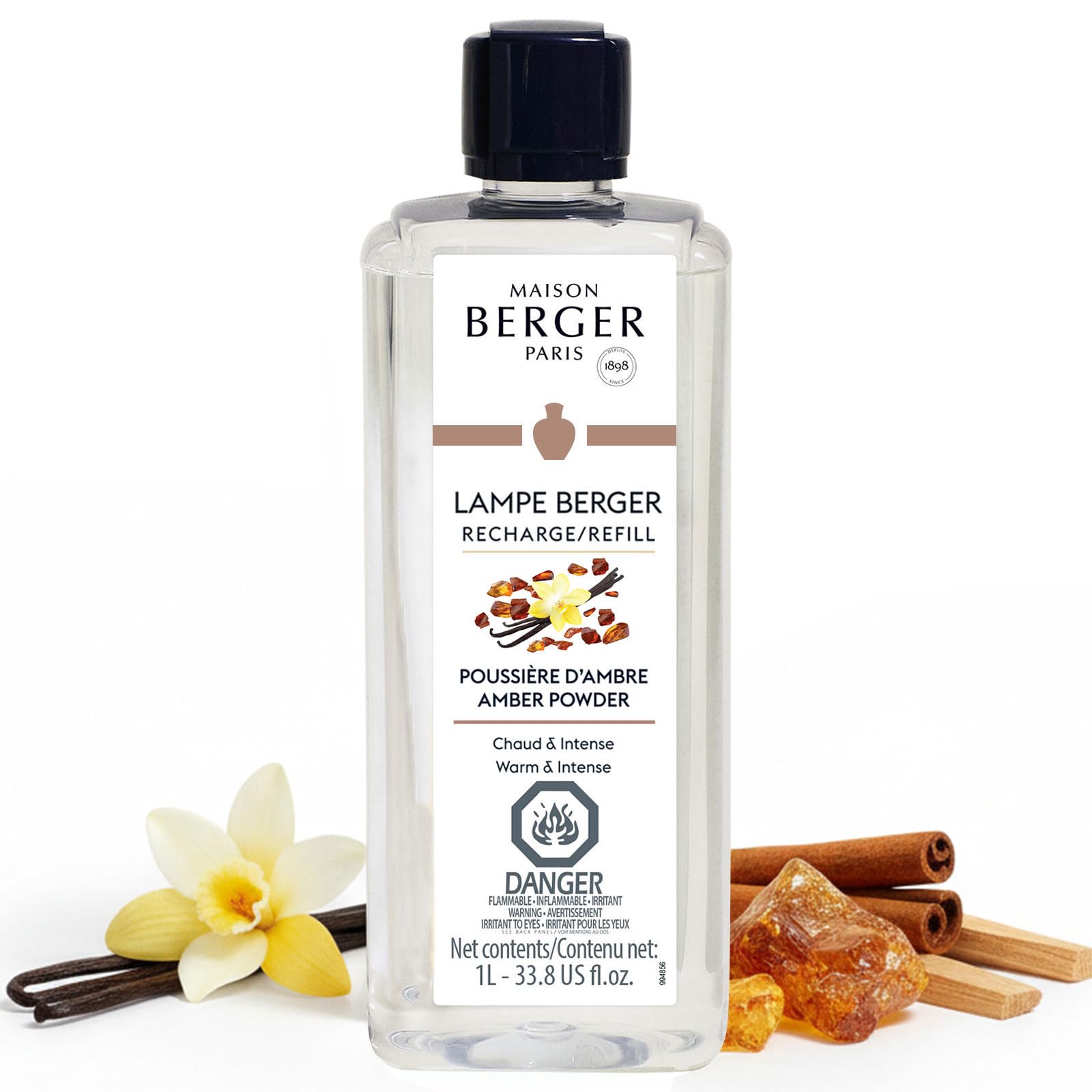 Amber Powder Lampe Berger Refill, 1 Liter (33.8 fl oz), 2-in-1 Catalytic System, Neutralizes Odors and Diffuses Fragrance, Rose, Cinnamon, Pepper, Amber, Made in France