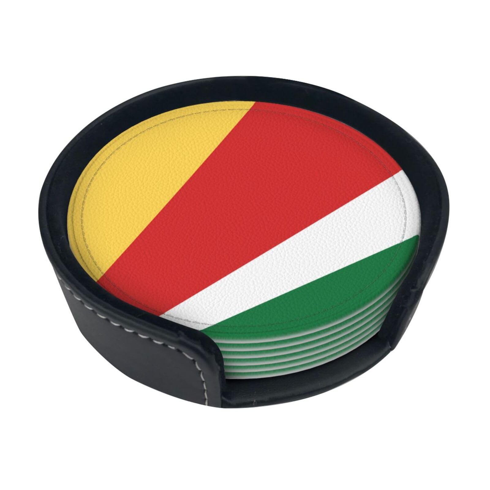 Cntdbu White Flag Of Seychelles Leather Coasters Set Of 6-Pu Leather Drink Mats For Table, Heat Resistant Round Coasters With Holder