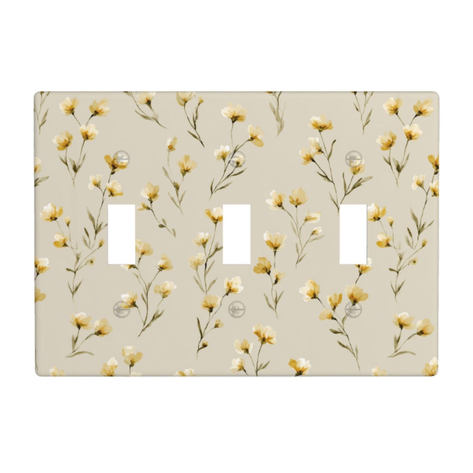 Woshuwo White Watercolor Wildflower Sprigs Yellow Flowers Light Switch Covers 3 Gang Triple Toggle Wall Plate Switchplate Electrical Faceplate For Bathroom Kitchen Bedroom Decor