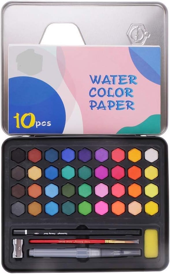 Watercolor Cakes Set Art Painting Kit with Watercolor Paper, 36 Colors, Multicolour